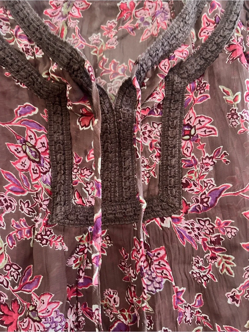 Angie Brown Floral Sheer Peasant Blouse with Pink Accents